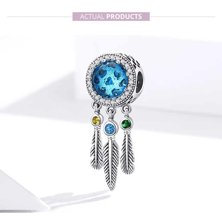 Браслет Pandora, серебро 925,, голубой CZ, Ловец снов, амулеты, S925, Круглый, Богемия, перо, циркон, бусины для изготовления ювелирных изделий