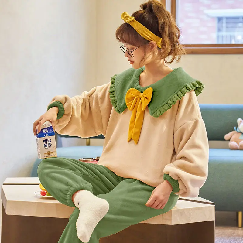 

Women Pajama Set Coral Velvet Winter Warm Sleepwear Bowknot Princess Style Pijama Female Leisure Home Suit Harajuku Chic