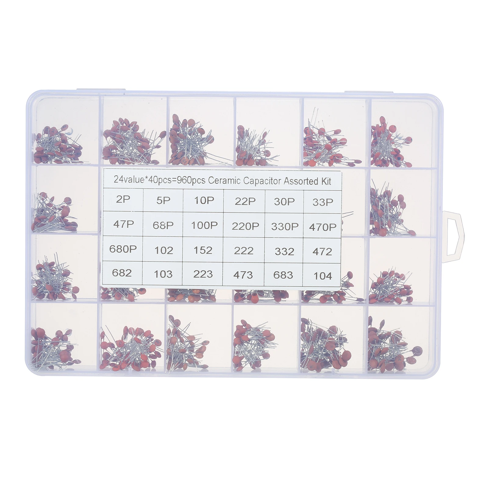 

960pcs Ceramic Capacitor Assorted Kit 2pF-0.1uF 24 Values * 40pcs DIP Ceramic Chip Capacitors Set with Transparent Plastic Box