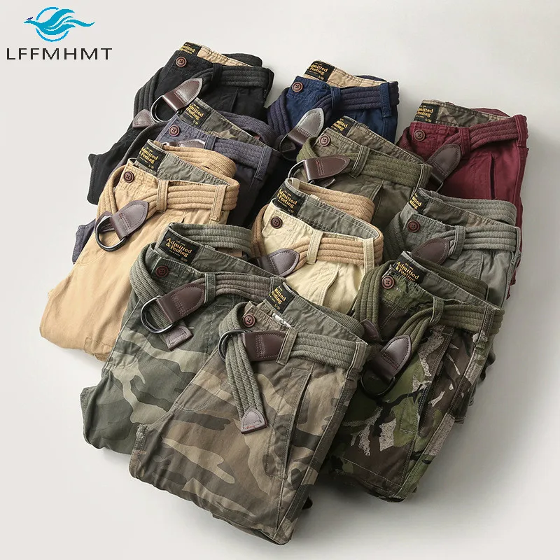

Men Summer Autumn New Fashion Multi Pocket Cargo Pant Male American Style Camouflage Print Loose Casual Cotton Trouser With Belt