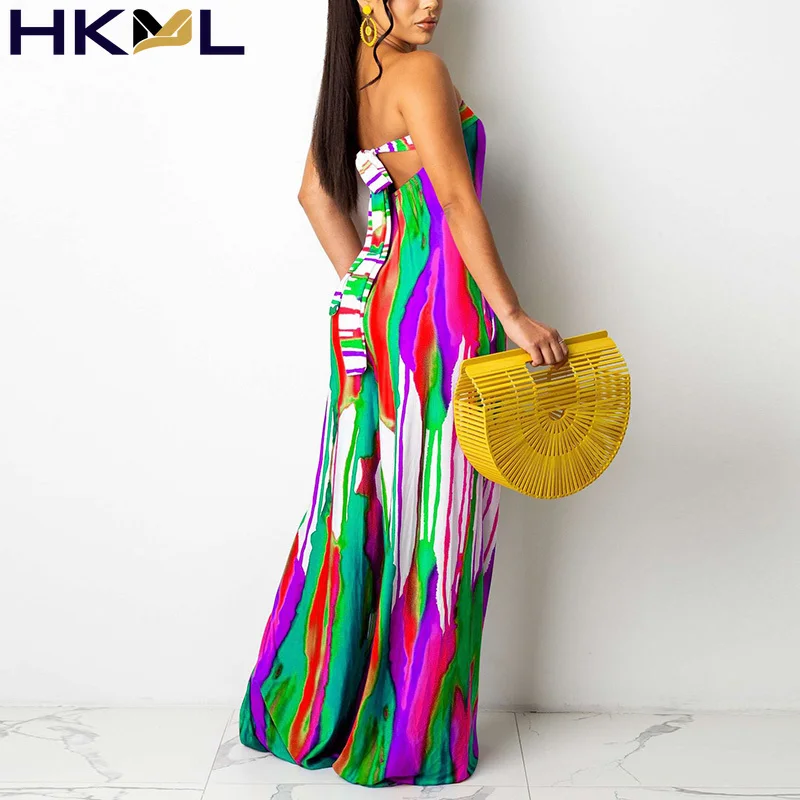 

Women Jumpsuit Color Abstract Printed Off Shoulder Tube Top Sleeveless Cold Shoulder Jumpsuit Casual Loose Overalls