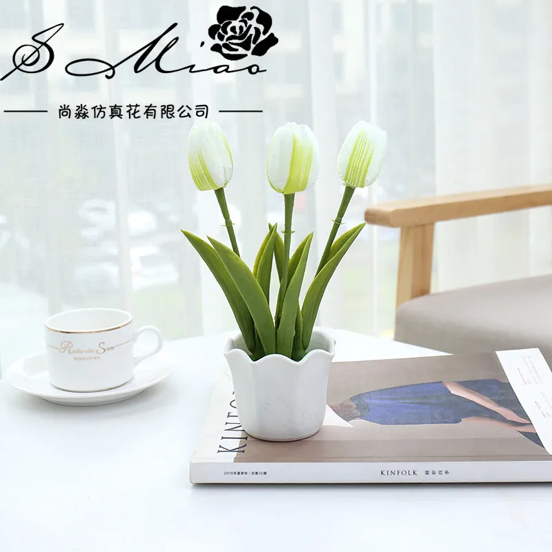 

3 Heads Small Artificial Fake Tulip Flower With Potted For Home Garden Wedding Party Decoration