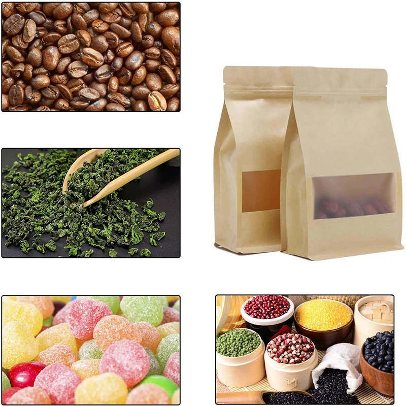 

50PCS Stand Up Bags,Kraft Zip Lock Matte Window Reusable Sealing All-Purpose Food Storage Pouches Reclosable For Nuts Beans Tea