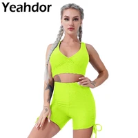 women summer sport suit removable chest pads racer back cropped tops and high waist shorts set for running gym yoga workout