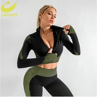 lazawg 2 piece yoga sets fitness sport wear leggings women long sleeve running workout clothes gym seamless butt lifter suits