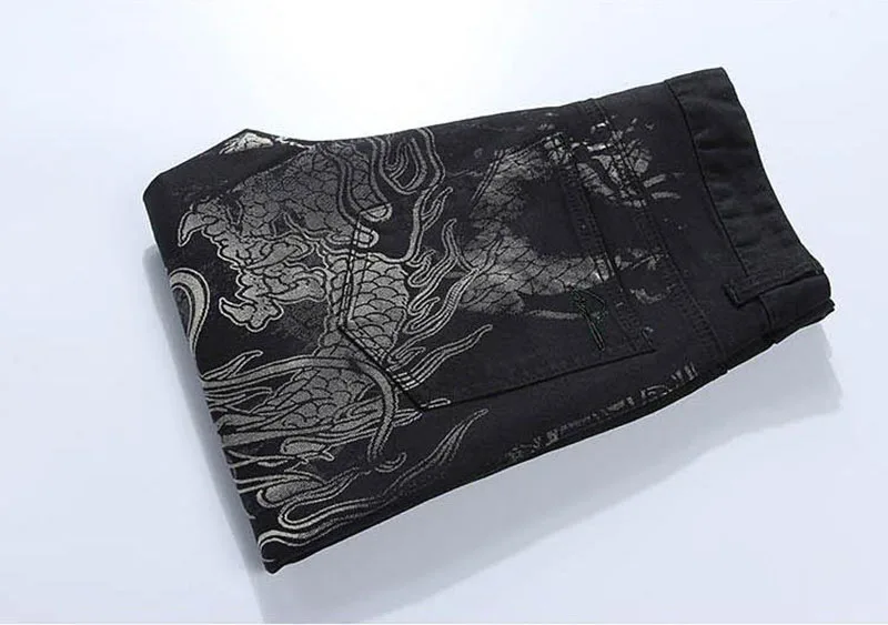 

KIOVNO Men Fashion Slim Jeans Pants Hip Hop Painted Denim Trousers For Male Dragon Printed