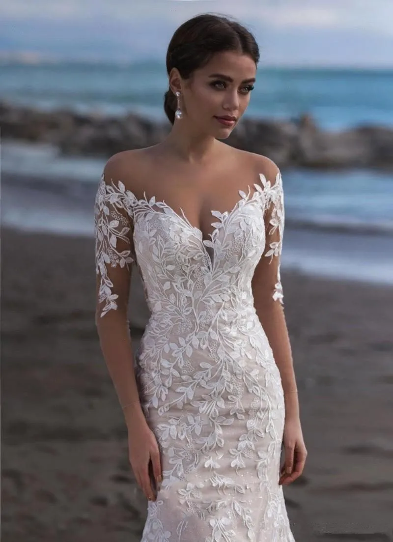 Vestido Novia белое свадебное платье русалки цвета слоновой кости с длинным рукавом и кружевной аппликацией Свадебные платья на заказ для невесты пляжные свадебные платья