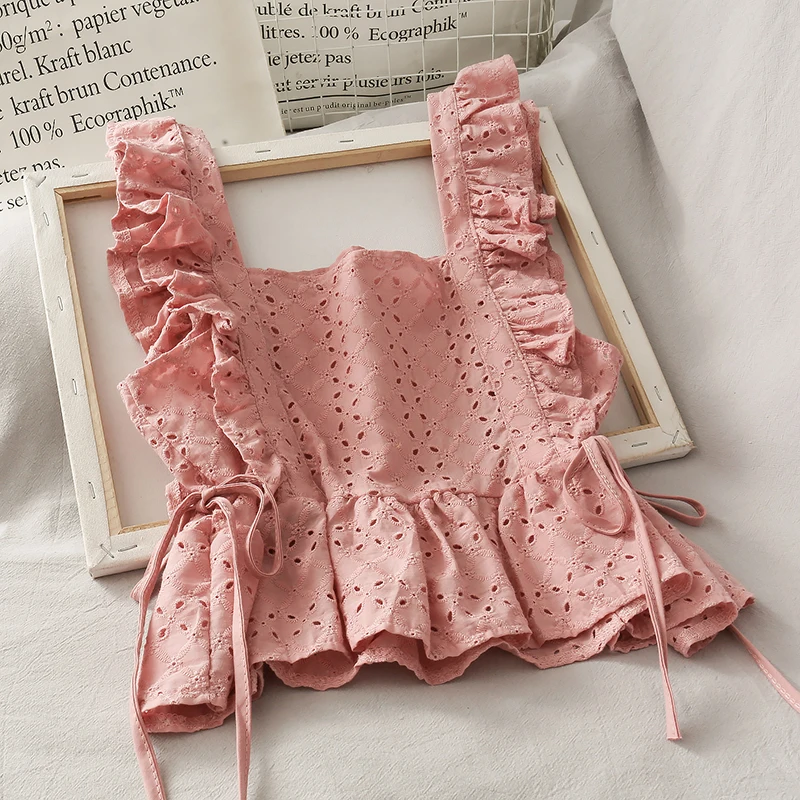 Ruffle Korean Cropped Tops Women Clothes White Hollow Irregular Tank Cloth Summer Casual Lace-Up Vest Female Harajuku Shirt | Женская