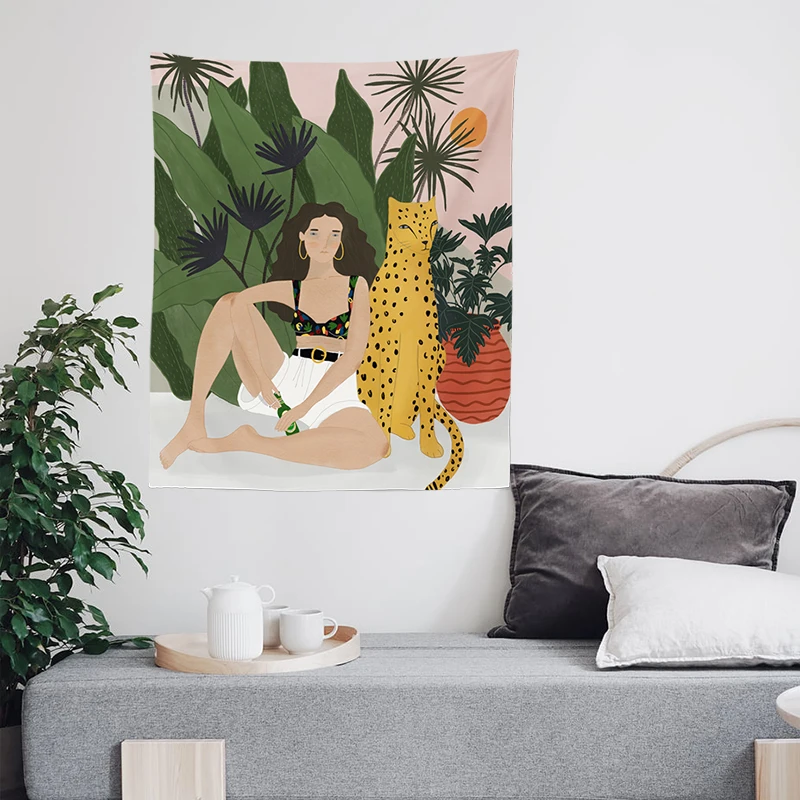Tiger and Girl Hanging Tapestry Blanket-Cover Wall Cloth Home Decorations Bedroom Dec | Дом и сад