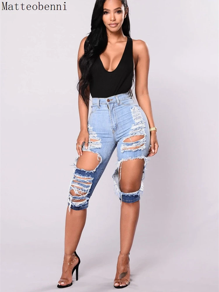 Шорты женские рваные джинсовые до колен эластичные байкерские короткие джинсы с
