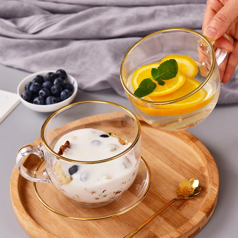 

470ml Transparent Phnom Penh Glass Mug with Plate Spoon Large Capacity Oatmeal Breakfast Cup Milk Coffee Bottle Tumbler Cup