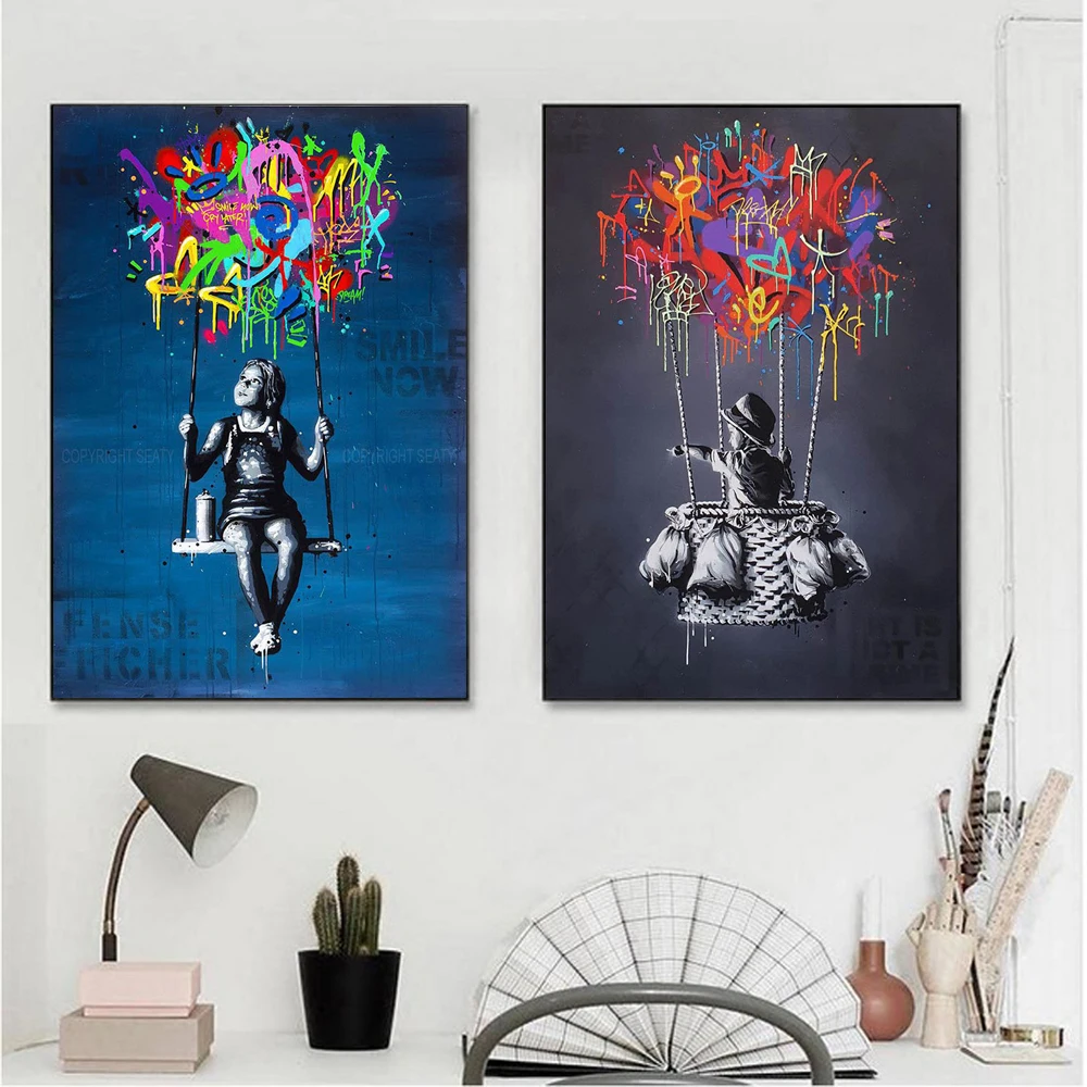 

Abstract Girl Swinging Canvas Painting Graffiti Pop Art Poster Print Wall Art Picture for Living Room Home Decoration Caudros