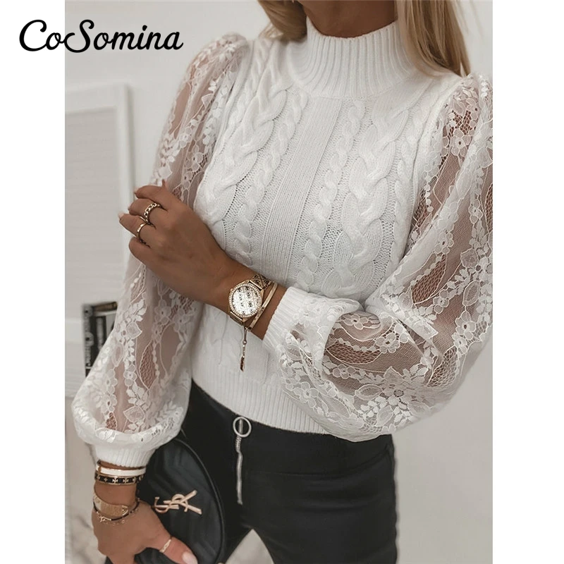 

CoSomina Elegant Lace Embroidery Women Sweater Winter Pullover Knitted Patchwork Long Puff Sleeve Sweater Tops O Neck Jumper