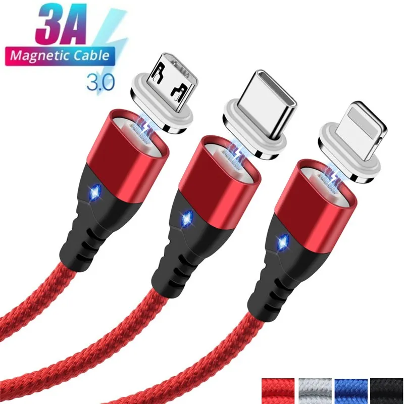 1/2 м для iPhone 3A Быстрый светодиодный магнитный кабель зарядки Micro USB samsung Galaxy S8 S9 S10 +
