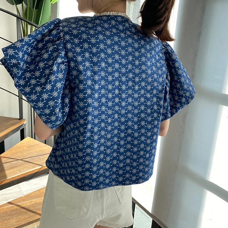 

COIGARSAM Ruffles Shirt Womens tops Lace O-Neck Women shirts Blue 2011