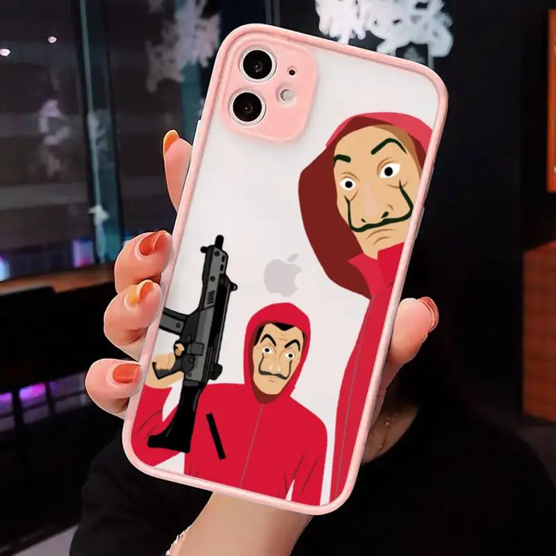 

TV Money Heist House Paper Phone Case For iPhone 12 11 Mini Pro XR XS Max 7 8 Plus X Matte transparent Pink Cover