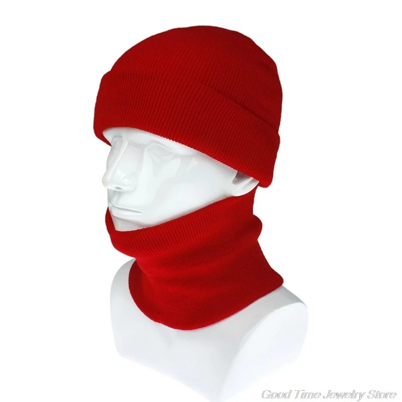 

Unisex Winter Ribbed Knit 2 Pcs Beanie Hat Circle Scarf Set Fluorescent Neon Solid Color Cuffed Skull Cap Neck Warmer M24 21