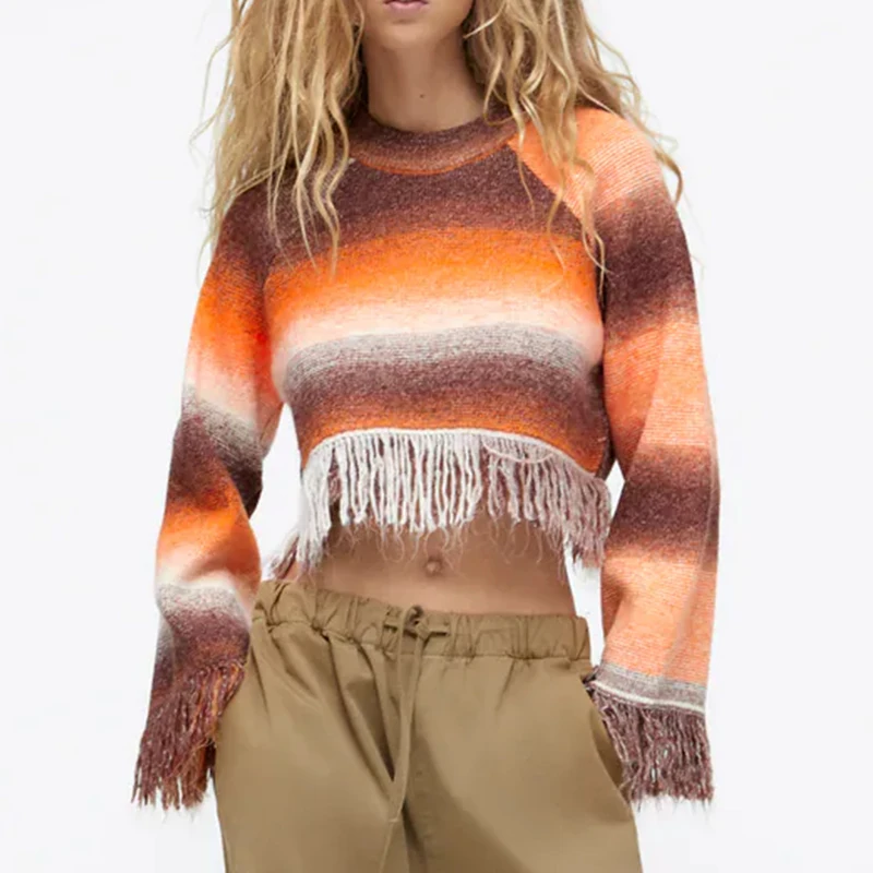 

ZA Autumn Winter Women Tassel Knitted Sweater 2021 O-Neck Warm Pullover Striped Loose Long Sleeve Girls Casual Street Outwear