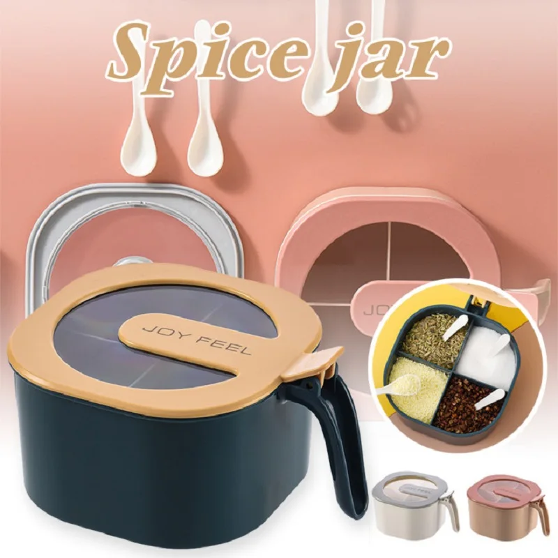 

1pcs 4 Compartments Kitchen Seasoning Box with Lid and Spoons Spice Storage Container Condiment Jars