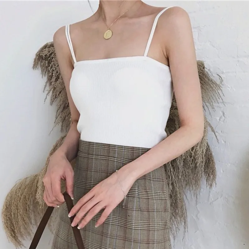 Женский трикотажный топ без рукавов Облегающая майка на бретельках базовая