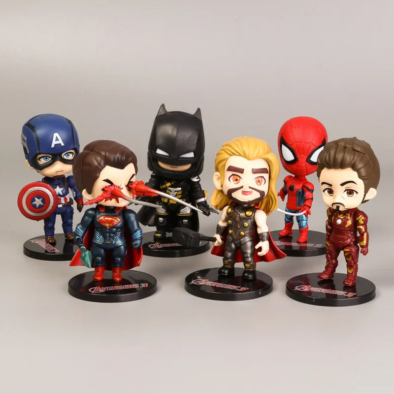

6pcs/Lot Disney The Avengers Superhero Q Version Iron Man Thor Hulk Captain America Spiderman Action Figure Model Toy Doll