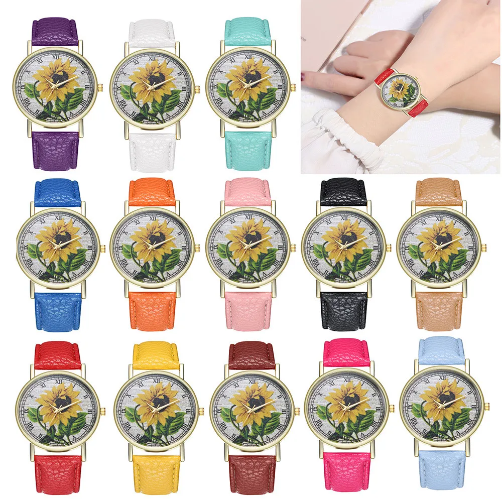 

New Fashion Leather Band Waterproof Woman Quartz Round Watch Watch Luxury Sunflower Pattern Wristwatch Best student Gift Clock