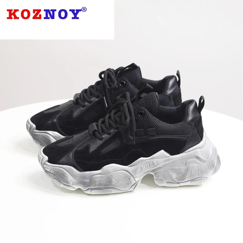 Koznoy Sneakers Women Autumn Winter Thick Bottom Dropshipping Fashion Breathable Mixed Colors Mesh Lace Causal Women Shoes