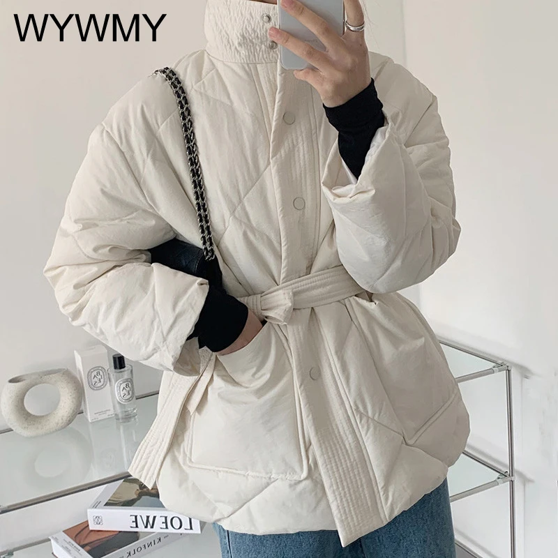 WYWMY Women's Winter Thick Cotton Padded Coats Single-breasted Zippers Lace-up Female Parkas Stand Collar Cotton Jackets Female