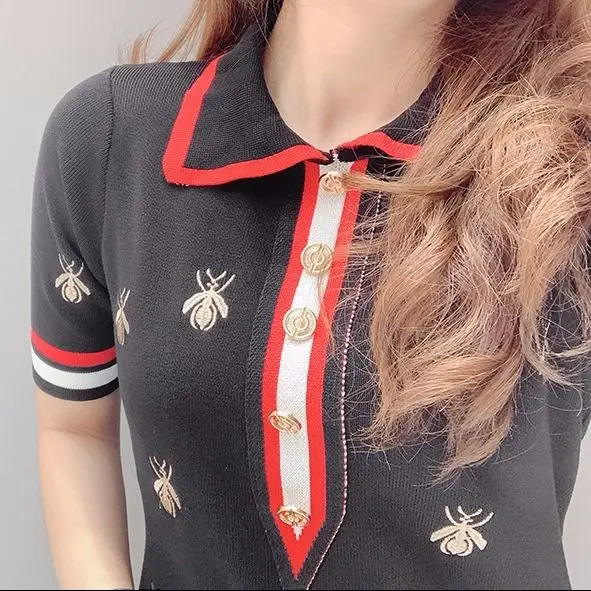 

2021 spring and summer new women's ladies ladies temperament embroidered POLO collar simple knitted slim dress women