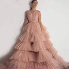 Пыльное розовое вечернее платье с V-образным вырезом abiye Пышное Тюлевое платье для выпускного вечера из Саудовской Аравии длинное платье до пола с оборками