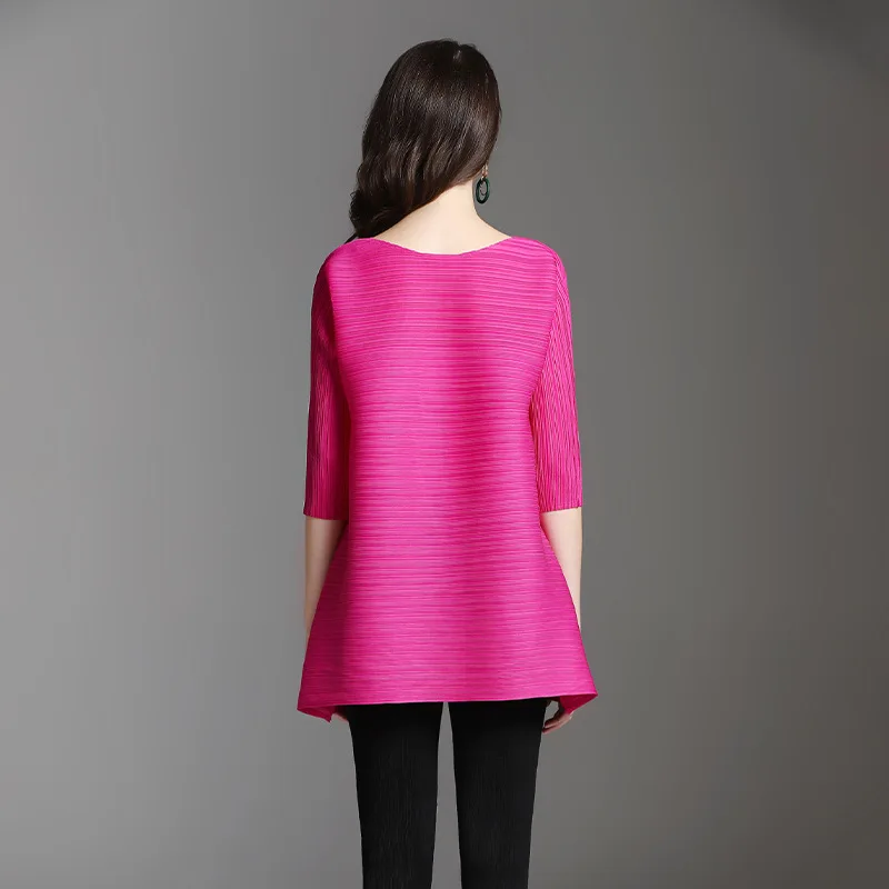 Женские Длинные футболки Miyake однотонные с круглым вырезом и складками большого