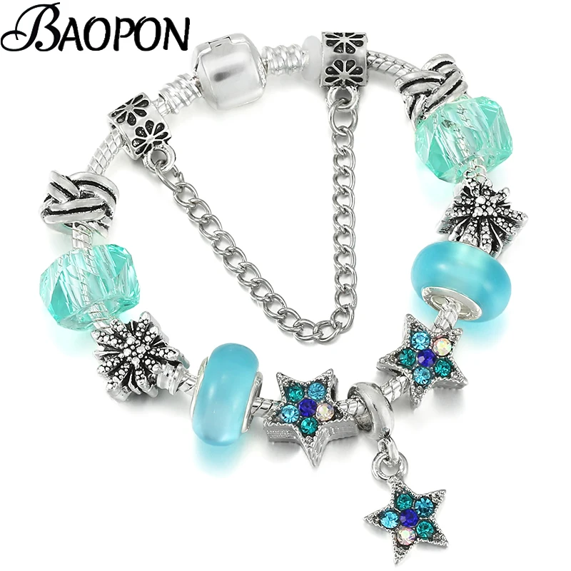 

2021 New Silver Color Crystal Shining Star Beads Bracelets & Bangles For Women Men Fashion DIY Charm Bracelet Friendship Jewelry