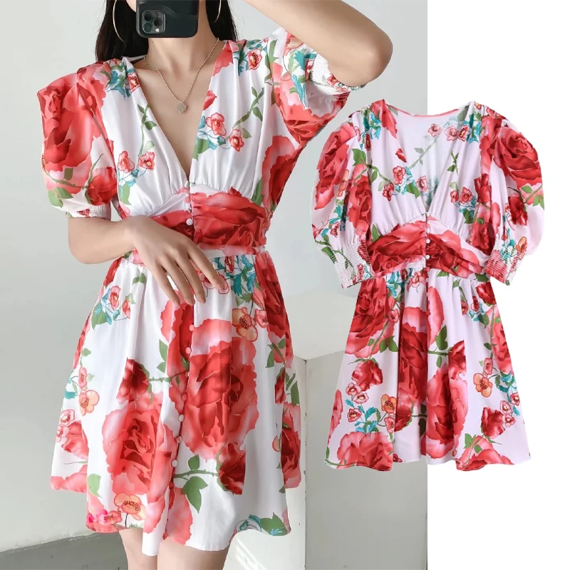 

Za Dress 2022 Fashion Elegant Flower Print Mini Dress Women Casual V Neck Waist Mini Dress Long Sleeve Women Party Dress Vestido