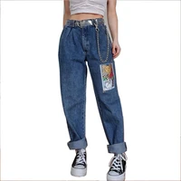 women loose vintage denim pants fashion ladies printed harajuku baggy jeans female pants casual funny gothic full length jeans