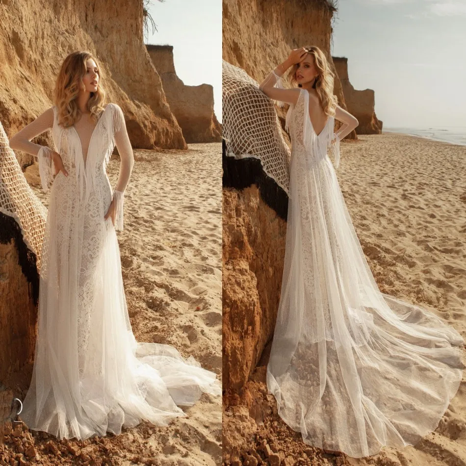 Богемные Свадебные Платья de mariée с кисточками длинные рукава v образный вырез