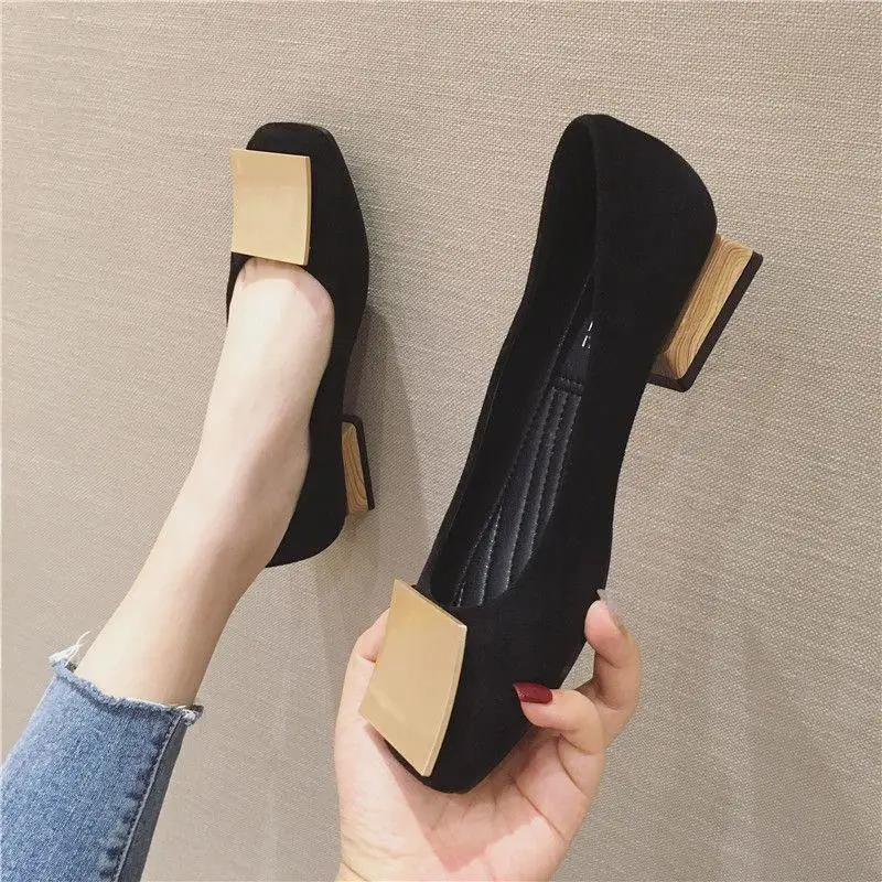 Women Leisure Shoes Houndstooth Thick Low Heel Metal Decoration Slip-On Tassel Beads Spring Round Toe Pump For Office Lady