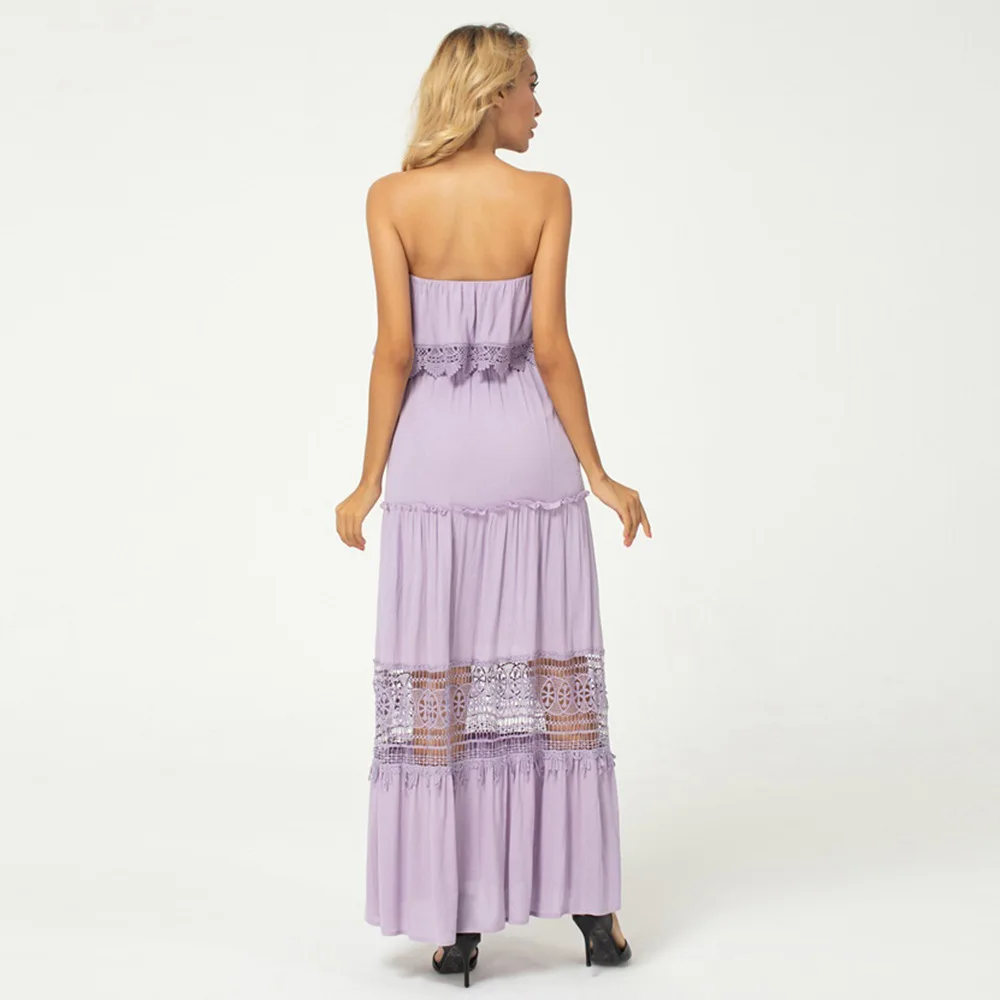 Женское пляжное платье без бретелек фиолетовое длинное трапеция из хлопка с