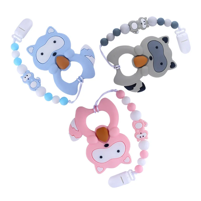 

1Pcs Baby Molar Silicone Rubber Teether Pacifier Chain Clip Beads Cartoon Raccoon Bracelet Baby Teeth Necklace Silicone Beads