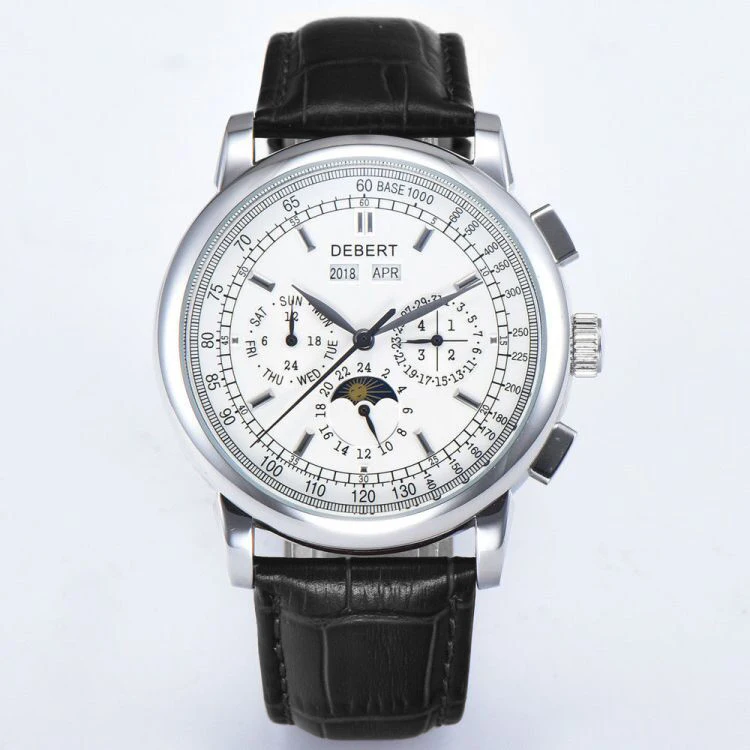 black leather Debert42mm часы Moon Phase мужские автоматические механические наручные часы мужские s Relogio A Prova De Agua 316L часы из нержавеющей стали - Color: black leather