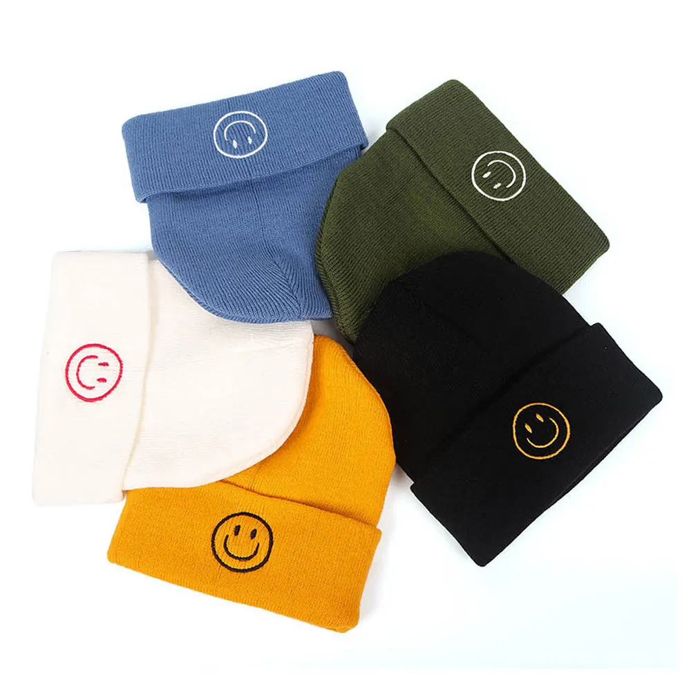 

Beanie Plain Knit Hats Embroidery Smile Face Warm Cuff Cap Slouchy Skull Ski Beanies Casual Bonnets