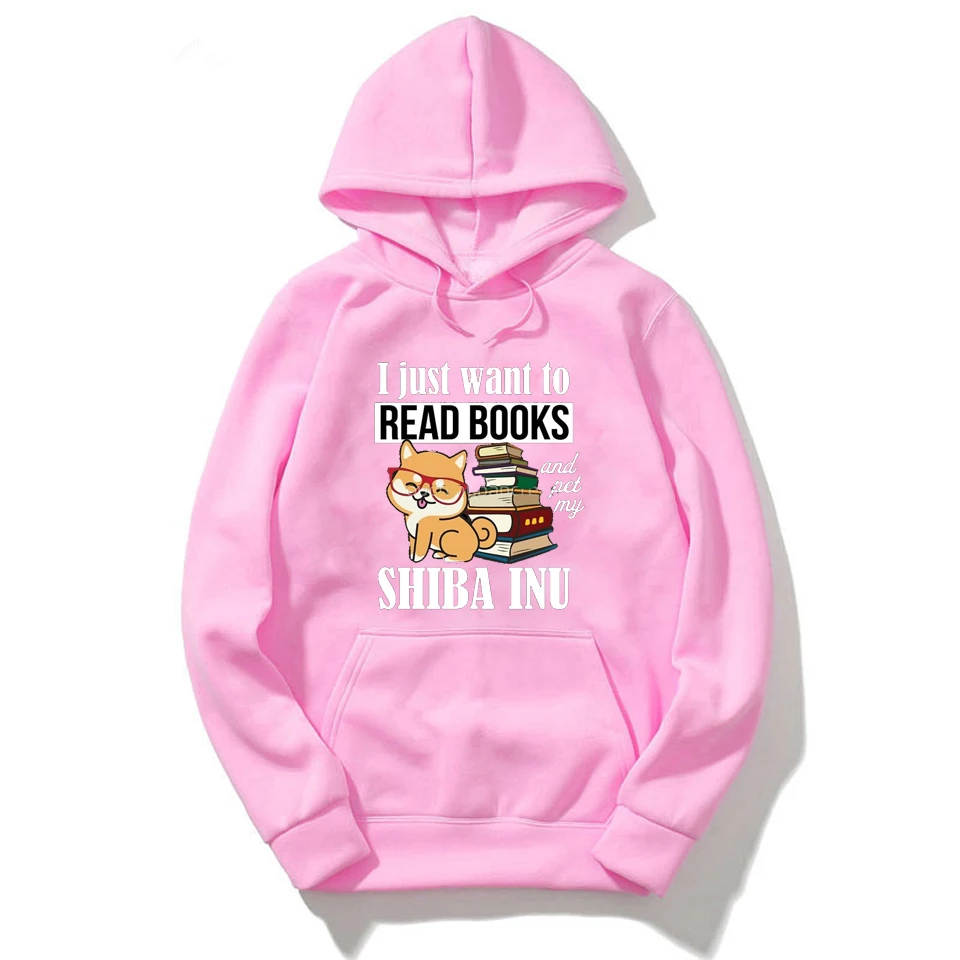 

Autumn Winter Coat Pink Sweet Hooded Shiba Print Harajuku Loose Pocket Hoodies Womens Fleece Pullover Female Hoodies Sweatshirt