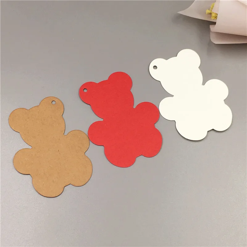 100 шт./лот трехцветные подвесные бирки из крафт-бумаги в форме милого медведя для