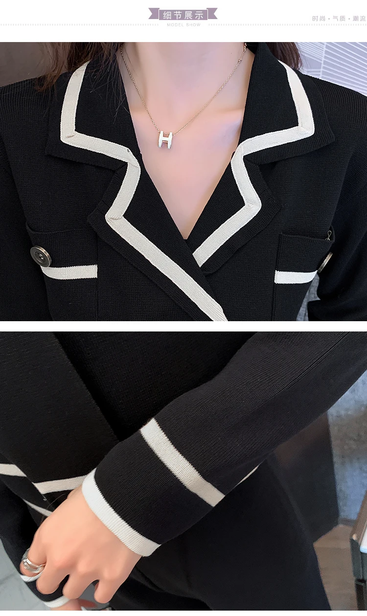 

Elegant Women Spring 2 Piece Set Knit Lapel Long Sleeve Double breasted Sweaters Top + Ankle-Length Wide Leg Pant Suits