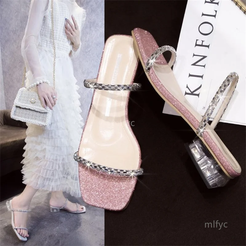 

2021 new summer rhinestone sandals and slippers thick heel flip flops temperament women's slippers sandals shoes for women Solid