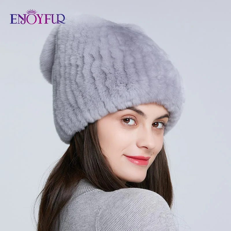 ENJOYFUR Winter Fur Hats For Women Real Rex Rabbit Fur Beanie Cap with Bow-knot Thick Warm Fur Caps For Girls - Цвет: 104
