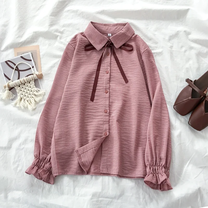 Женская блузка белого и голубого цвета с длинным рукавом лето-осень 2020