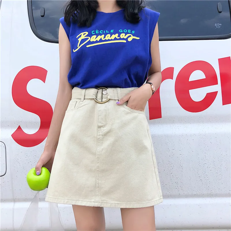 Юбка женская летняя универсальная однотонная в студенческом стиле с поясом