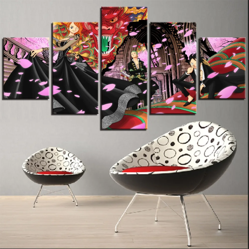 

5 Pieces One Piece Canvas Painting Luffy Sauron Posters Banquet Pictures Nami Girl Wallpapers For Home Room Decor Cherry Blossom