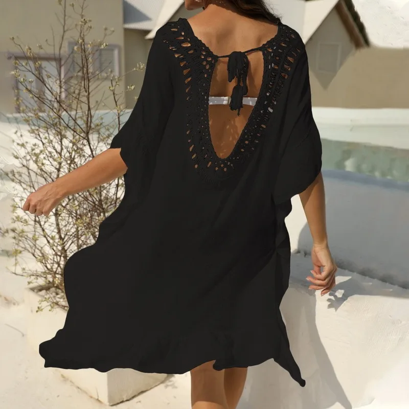 

Tassel Bikini Cover Ups Summer Beach Dress Women Solid Swimwear Cover-Up Beachwear Sexy Hollow Backless Bathing Suit Cover-ups