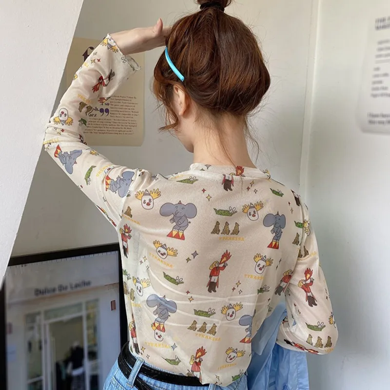 

Fashion Summer Women Beach Style O-Neck Casual Cartoon Print Gauze Sunscreen Shirt Tops